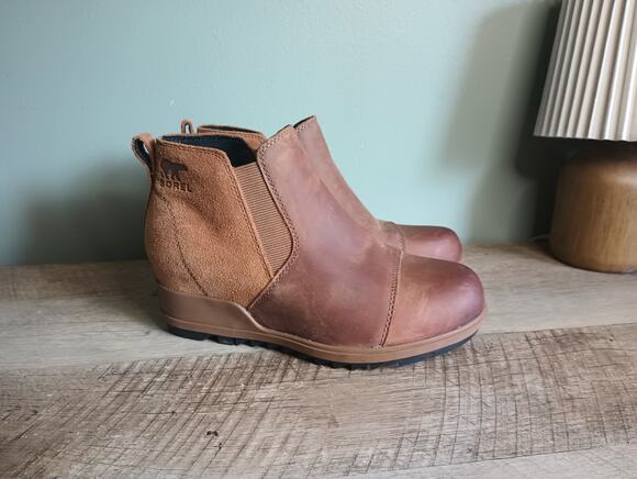 Sorel Shoes - Sorel Evie Waterproof Leather And Suede Wedge Bootie Womens 6 Tan Rustic